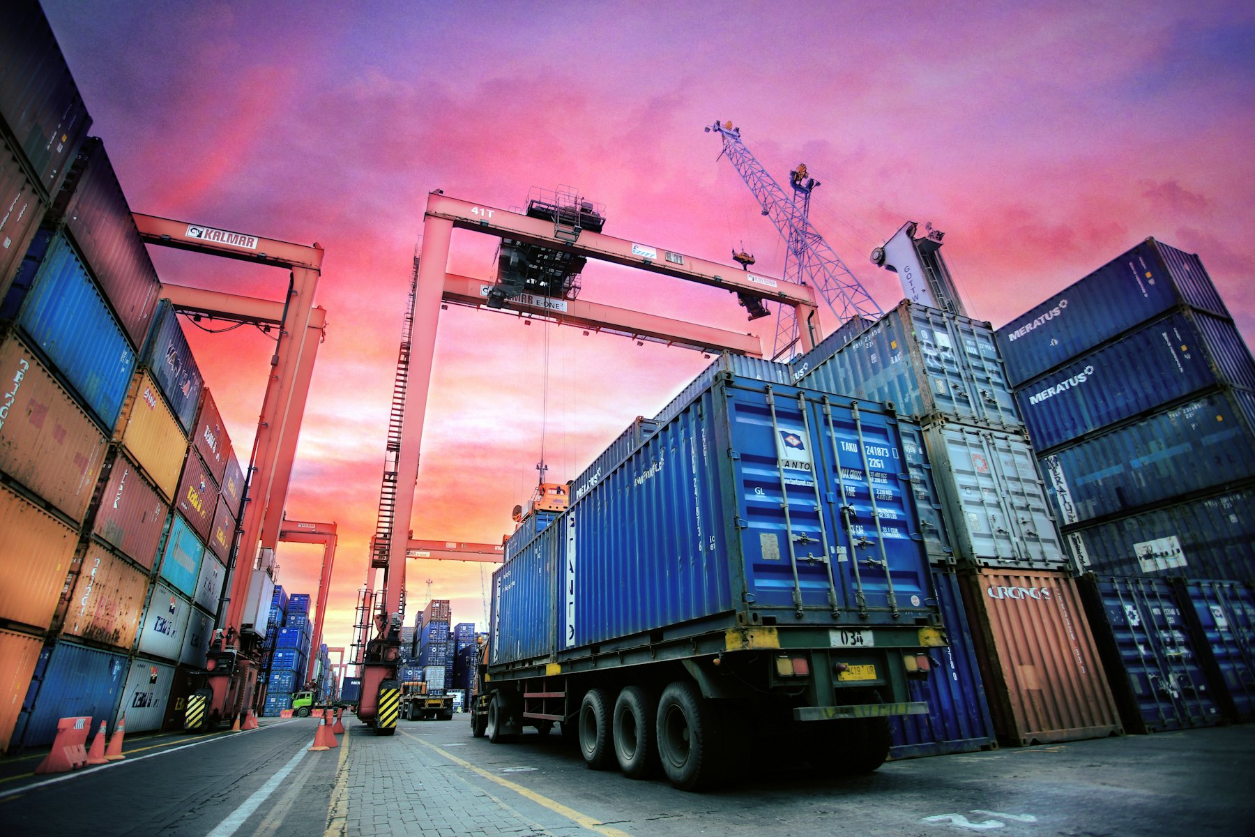Container port at sunset